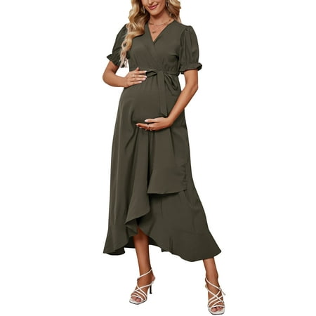 

Women s Maternity Dress V-Neck Short Sleeve Ruffle Long Dress Black S