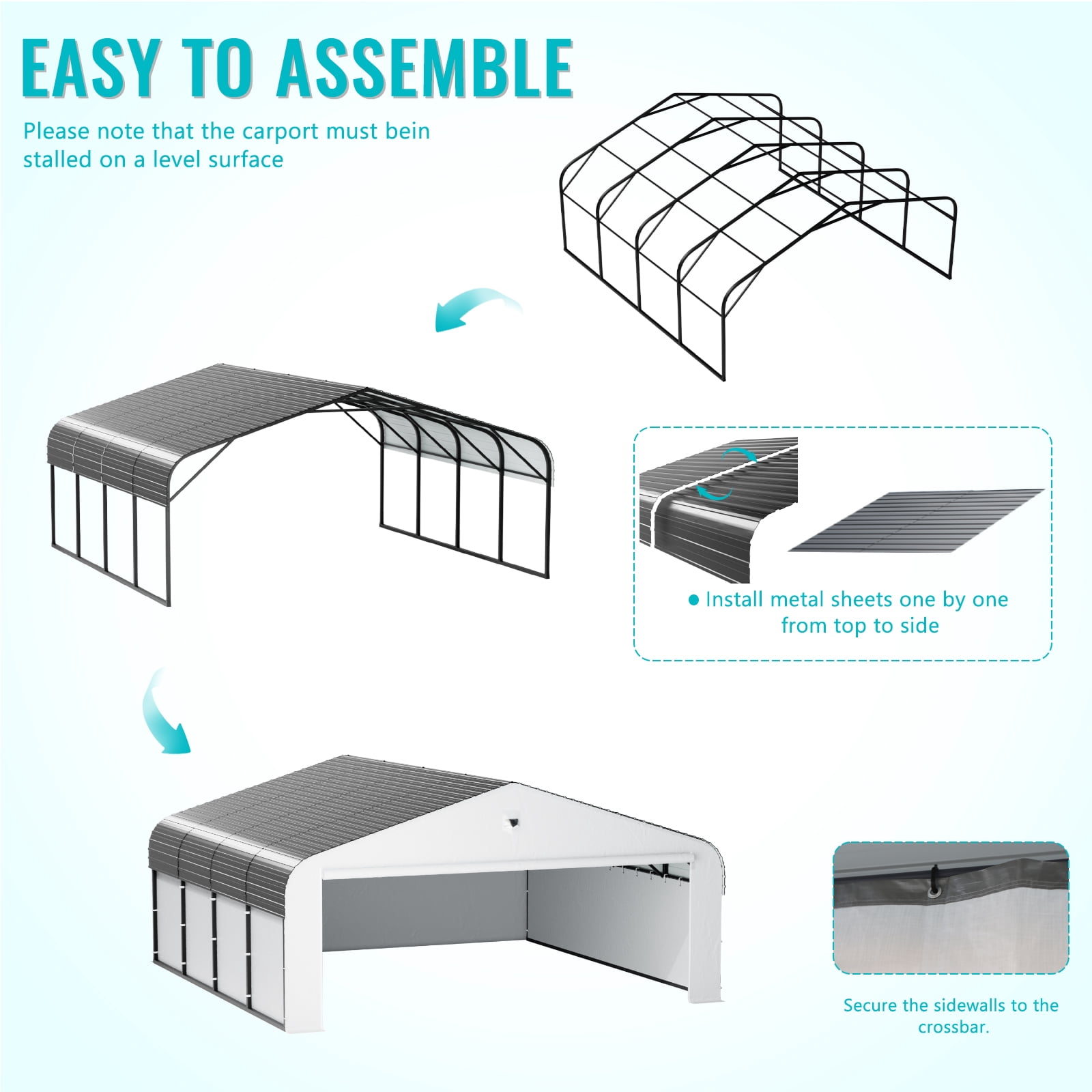 20 ft. W x 20 ft. D Heavy Duty Metal Frame Carport with Solar Lamp, Outdoor Garage Car Shelter with Powder-Coated Steel Roof & Fabric Sidewall