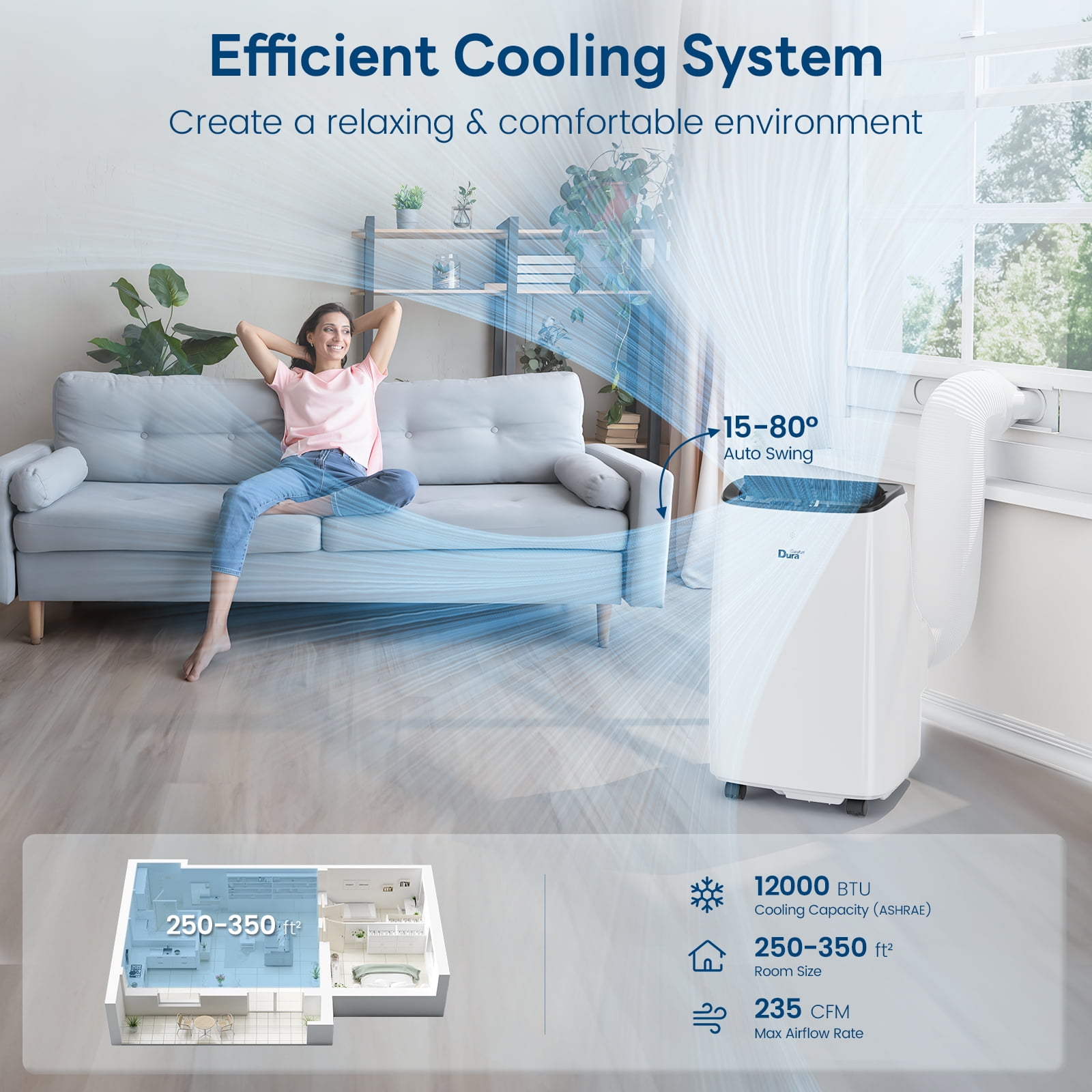 DuraComfort 12000 BTU Portable AC Unit for Apartment up to 300 Sq.Ft, Cooling with Remote, Dehumidifier and Fan, 6550 BTU (SACC), White