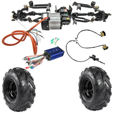 Front Axle Kit 4 Wheel Drive Half Axle Assembly Shock Swingarm Tie Rod & 72V 1500W Differential Motor Controller Brake & 145/70-6 Wheels Tires for Electric Go Kart ATV Quad Buggy Golf Cart
