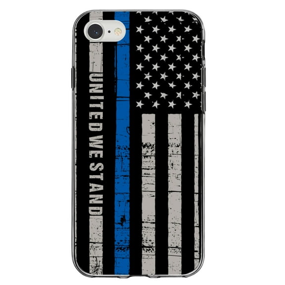 DistinctInk Clear Shockproof Hybrid Case for iPhone 7 8 SE (2020 Model) 4.7" Screen TPU Bumper Acrylic Back Tempered Glass Screen Protector - Thin Blue Line US Flag "United We Stand" First Responders