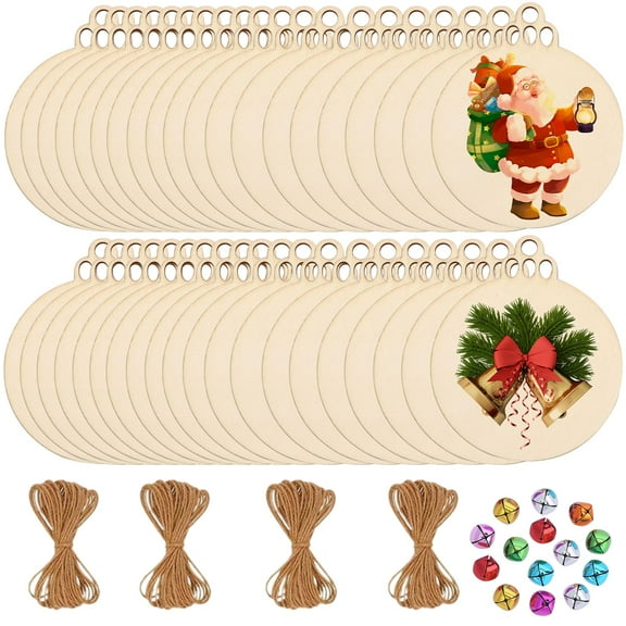 VEGCOO 40PCS Wooden Christmas Ornaments, Wooden Round Baubles Blank Hanging, Wood Slice Blank Wooden Embellishments for DIY Crafts Christmas Tree Decorations