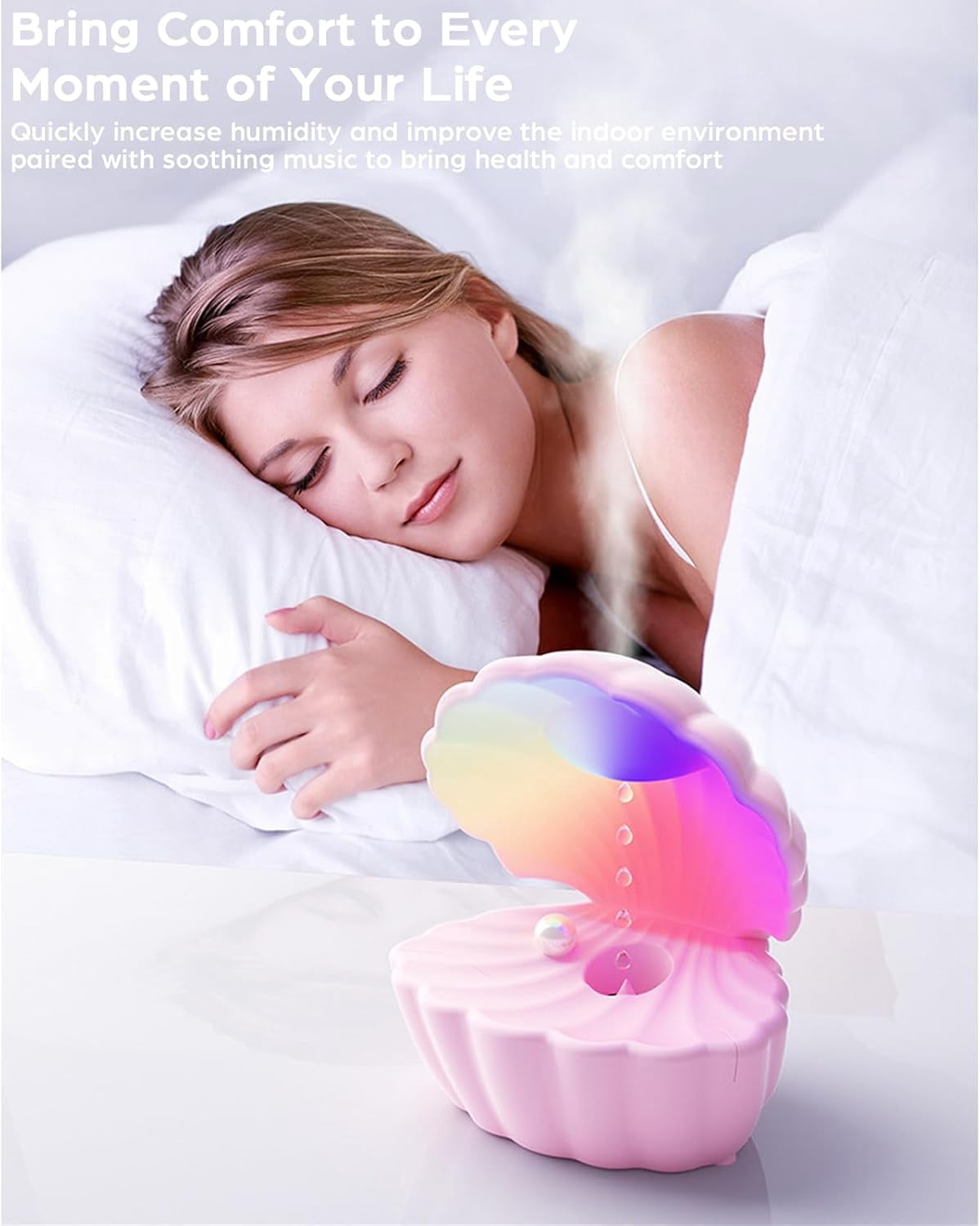 Anti Gravity Humidifier Water Drop Bluetooth Speaker Pearly Shell-Shaped with RGB LED Night Light 550ml Mist Humidifier Bedside Lamp Auto Shut-off Desktop Humidifier for Bedroom Home Office (Pink)