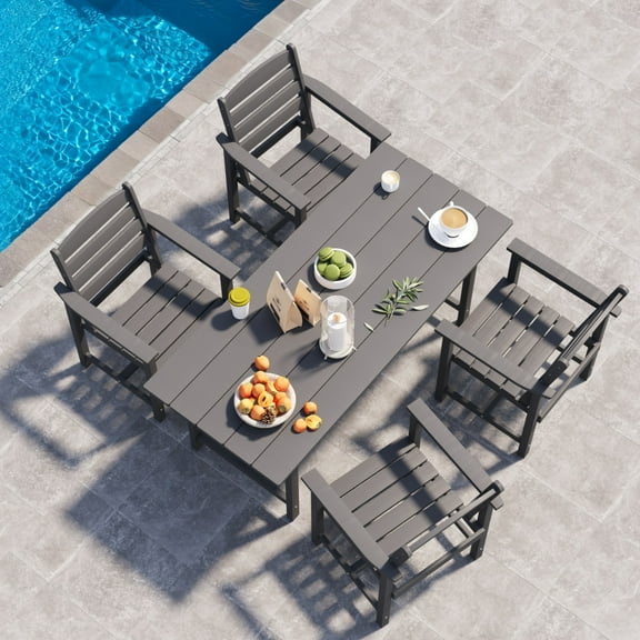 5 Pieces Outdoor Patio Dining Set with 4 Portable Armest Chairs and 1 Rectangle Table, Elegant Wood Grain Finish,Blending with Nature ,Reinforced Support for Enhandced Stability and Safety