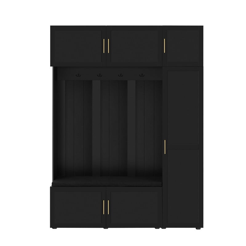 4-in-1 Hall Tree with Padded Bench and Storage Cabinets, Entryway Coat Rack with 4 Hooks and Multi-Tier Storage Shelves, Mudroom Bench Shoe Organizer for Living Room Hallway