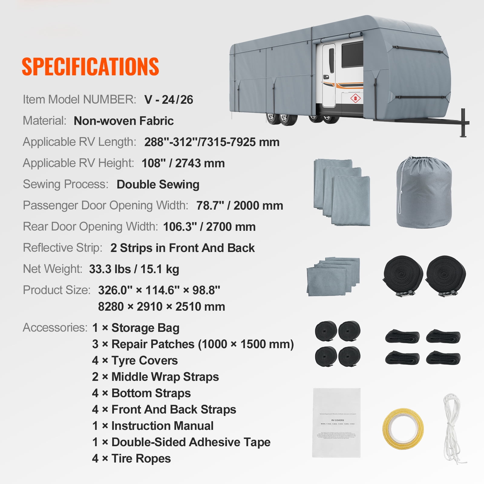KFFKFF Travel Trailer Cover, 28-30' RV Cover, 4-Layer Non-Woven Fabric Camper Cover, Waterproof, Windproof And Wear-Resistant Class A RV Cover, Rip-Stop Camper Cover with Storage Bag and Patches
