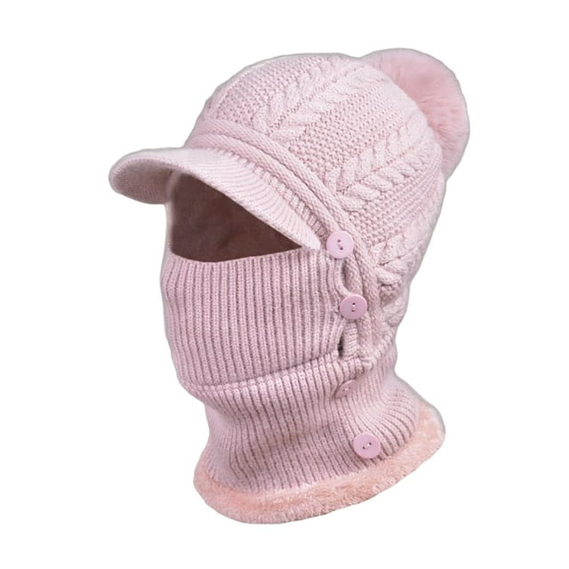 Pasamontañas de punto térmico, gorro, bufanda para el cuello con pompón, botón calentador, gorro de protección, máscara de esquí de invierno, gorro , Rosado shamjiam pasamontañas para motocicleta