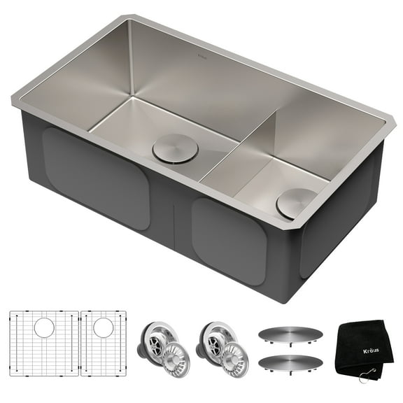 KRAUS Standart Pro 32" Undermount 60/40 Double Bowl 16 Gauge Stainless Steel Kitchen Sink