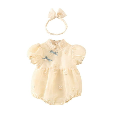 

Baby Summer Love Heart Print Short Sleeve Coil Buckle Triangle Climbing Clothes With Headband 18-24 Months