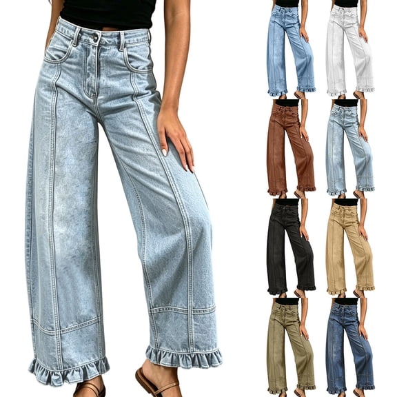 Hzzrkos Women Casual Loose Solid Color High Waist Frayed Wide Leg Jeans With Pockets for Daily Travel ShoppingBlueM
