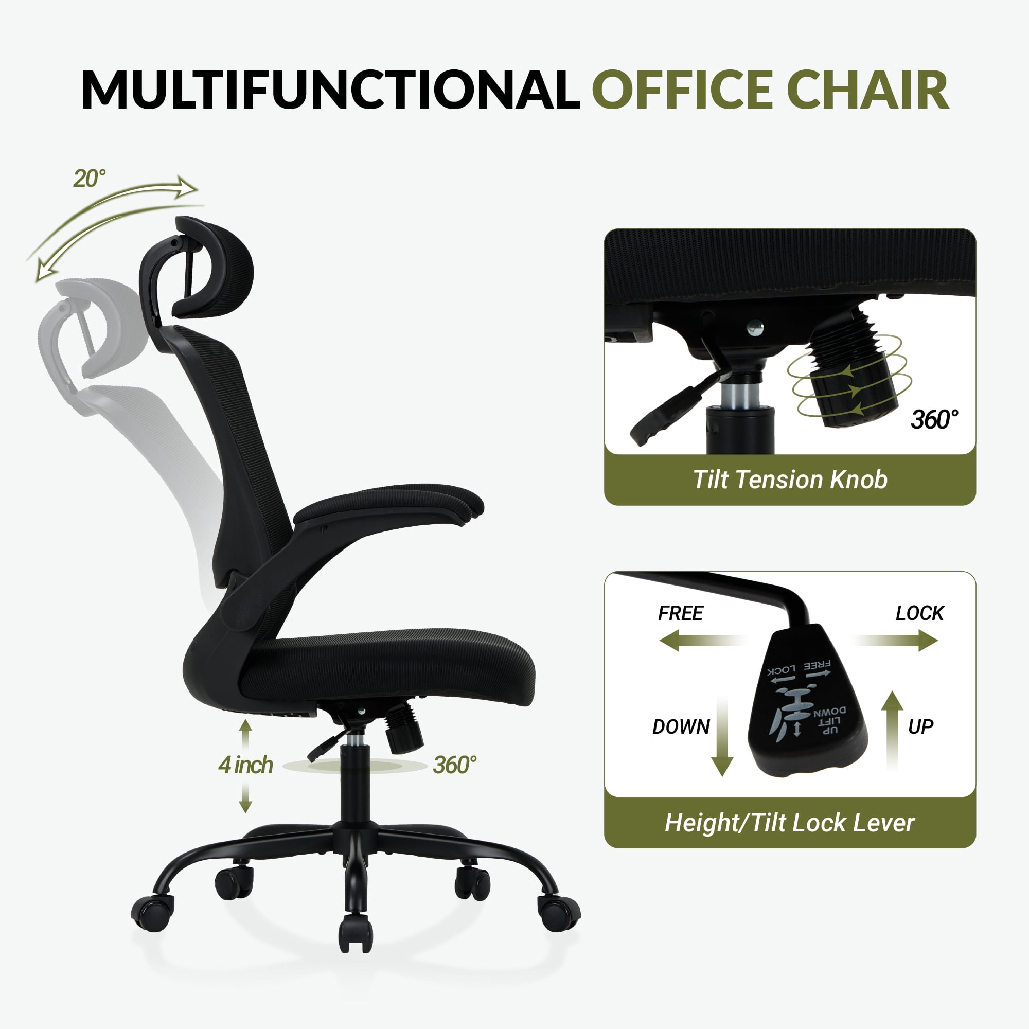 AFO High Back Ergonomic Office Chair, Adjustable Lumbar Support & Headrest Mesh Desk Chair with Flip-Up Arms, 275lbs Heavy Duty Metal Base Computer Task Chair for Home Office, Black