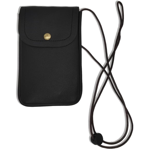 Cell Phone Pouch for Around the Neck Black PU Leather Necklace Holder with Adjustable Lanyard Flip Case and Carrier for Small Travel Purse and Credit Card Holder Hands-Free Mobile Bag