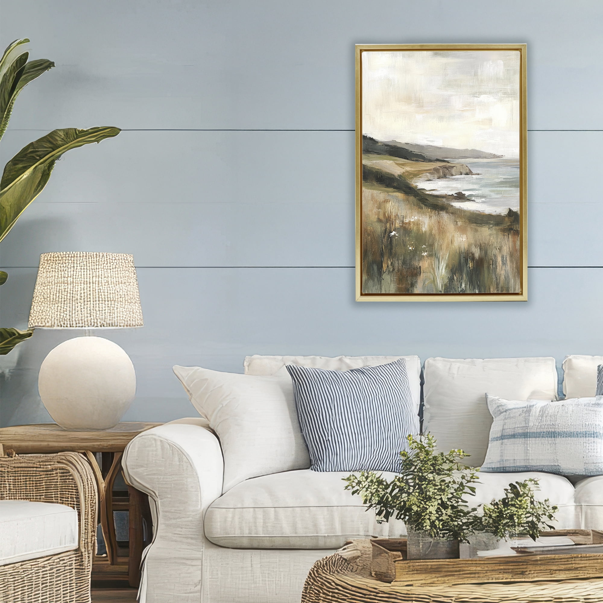 Stupell Industries Northern Coast Seaside Landscape Gold Framed Floater Canvas Wall Art, design by Petal Prints Design