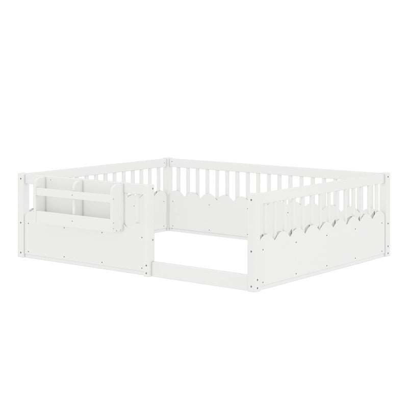 Queen Size Wood Floor Bed with Wavy Fence, Kids Platform Bed Frame with No Slat, Montessori Storage Bed with Bookshelf