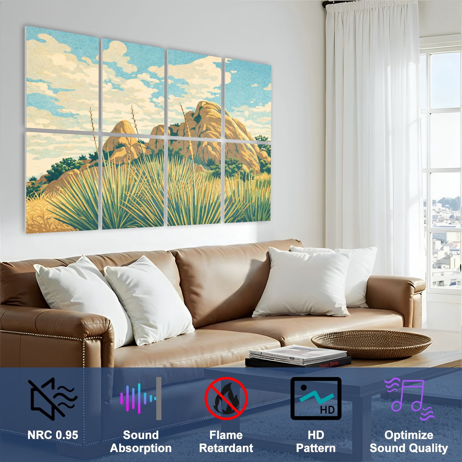 8 Pack Art Acoustic Panels Sound Absorbing white landscape desert yucca boulders Decorative Soundproof Wall Panels Self Adhesive for Nursery Game Room Bedroom 48"x32"