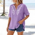 thumbnail image 5 of Qwertyu Linen Shirts for Women Spring Summer Casual Short Sleeve Embroidered Boho Tops Loose Fit Button Down Blouses Trendy Dressy V Neck Work Shirts Purple XL, 5 of 6