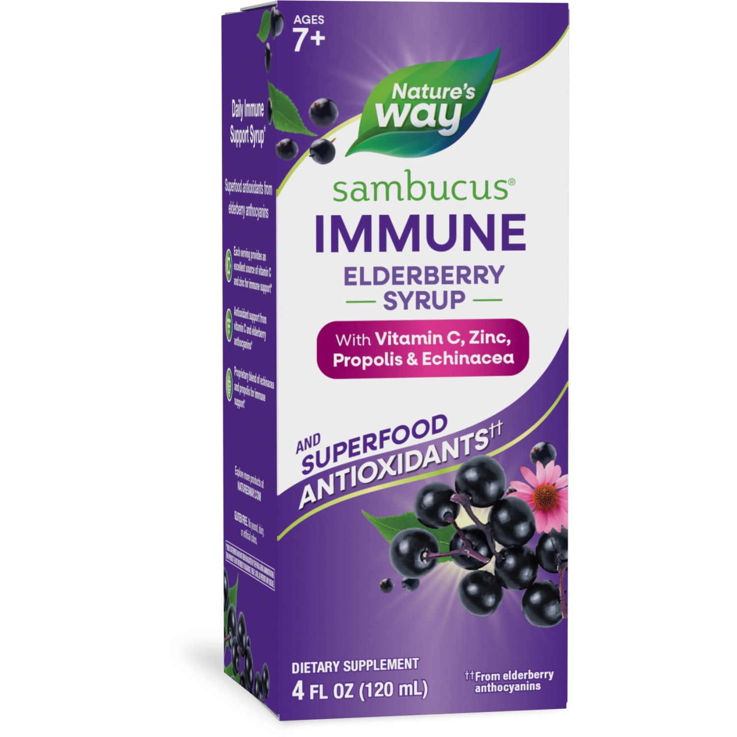 Nature's Way Sambucus Immune Elderberry Syrup, Zinc & Vitamin C, Dietary Supplement, Unisex, 4 fl oz
