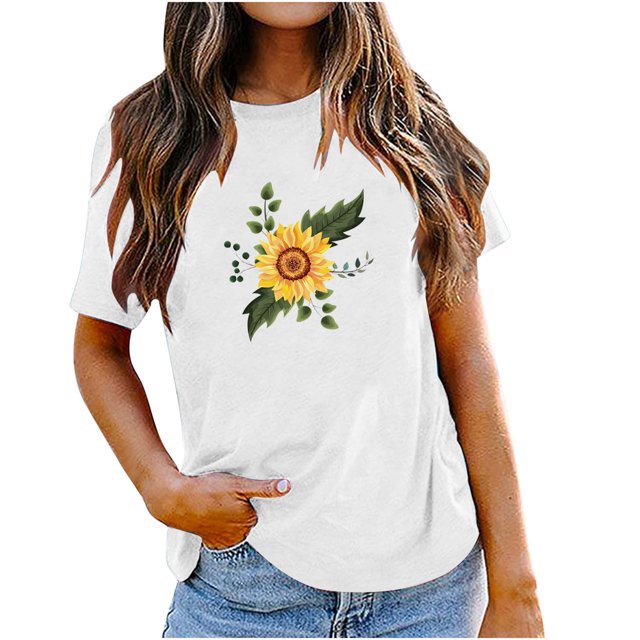 EQWLJWE Hauts à Col en V pour Femmes Mode Féminine Col Rond Manches Courtes Imprimé Tournesol de Pâques Hauts d'Été pour Femmes 2023