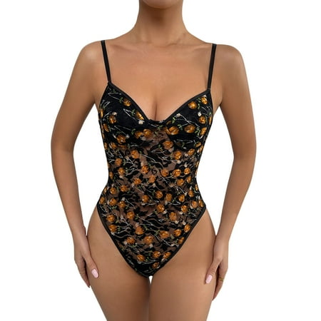 

Knosfe Lace Bodysuit Teddy Lingerie for Women Spaghetti Strap Floral Babydoll M