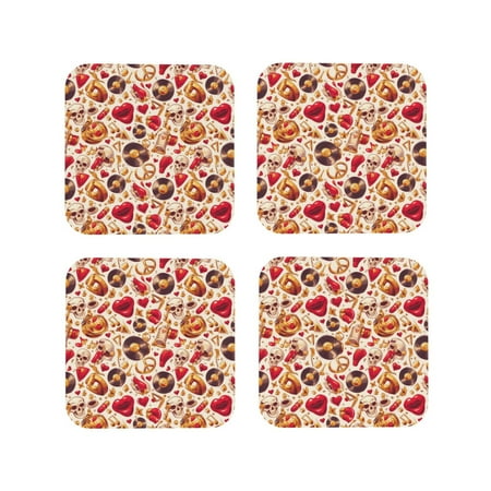 

Fuzoiu Skull Retro record lips Print Leather Coasters Set Drink Coasters Set of 4 for Tabletop Protection Durable PVC Coasters Home Décor and Housewarming Gift-Square
