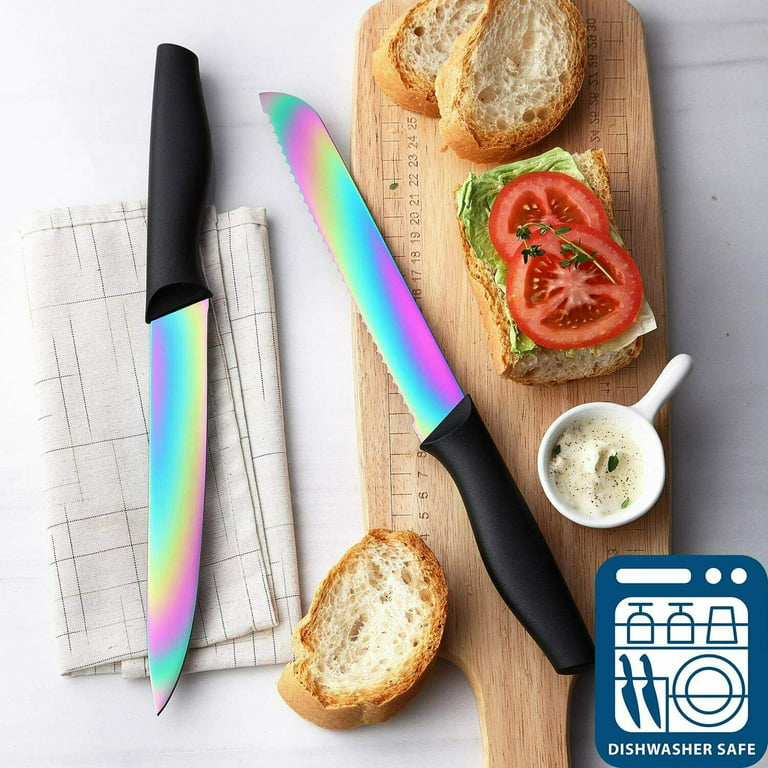 Knife Set, 16 Pieces Rainbow Titanium Coating Cutlery Set No Rust Knife Block with Serrated Steak Knives