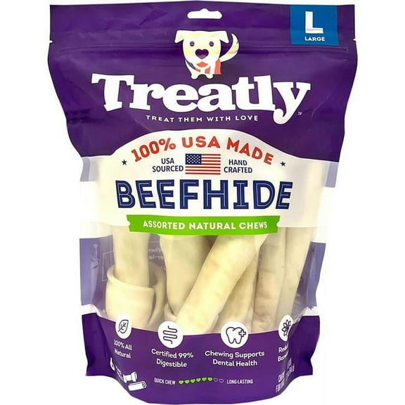 Treatly 12140 100 Percent USA Beef Hide Bones & Rolls - Natural - Large - Pack of 6 - Case of 5