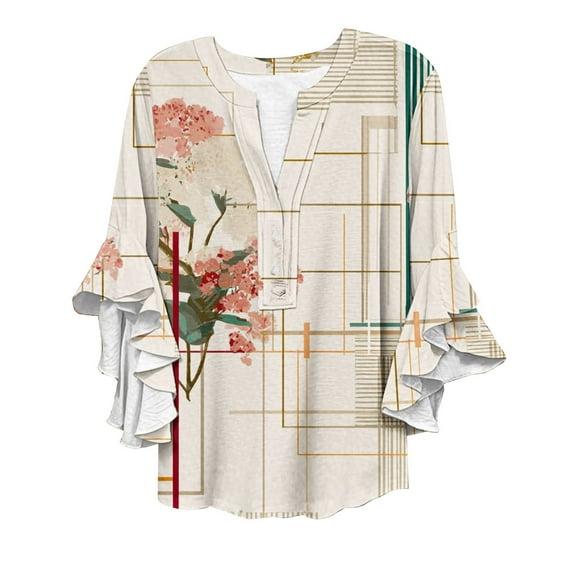 JWSVBF Womens V Neck T Shirts Long Sleeve Shirts for Women Butterfly Tshirts Shirts for Women Y2K Clothes Beige