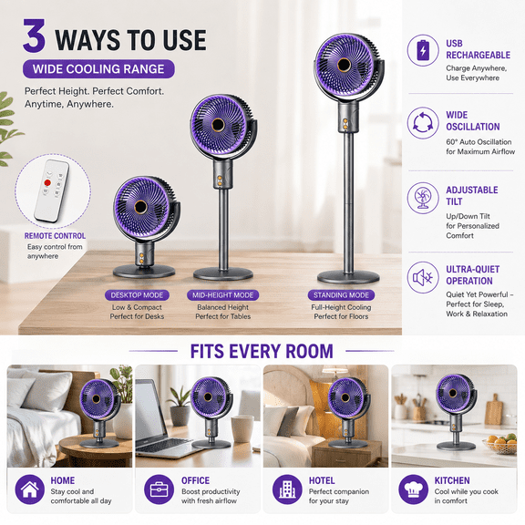 USB Rechargeable Floor Fan, Purple Oscillating Quiet Cooling Fan, Adjustable rate Standing Fan, Portable Low Noise Air Circulator for Home Bedroom Office Outdoor Camping Summer Use