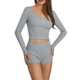 thumbnail image 2 of Michellecmm Women’s Two Piece Outfits Set Long Sleeve Button Up V Neck Crop Tops and Shorts Set Loungewear, 2 of 9