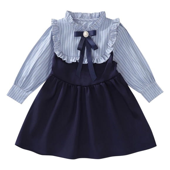 Odeerbi 2-8 Años Vestido de Algodón de Manga Larga Con Volantes Vestido de Princesa Con Lazo A Rayas Vestido de Uniforme Para Niños Con Cuello Redondo