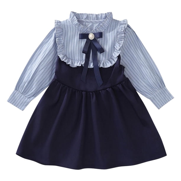 Odeerbi 2-8 Años Vestido de Algodón de Manga Larga Con Volantes Vestido de Princesa Con Lazo A Rayas Vestido de Uniforme Para Niños Con Cuello Redondo