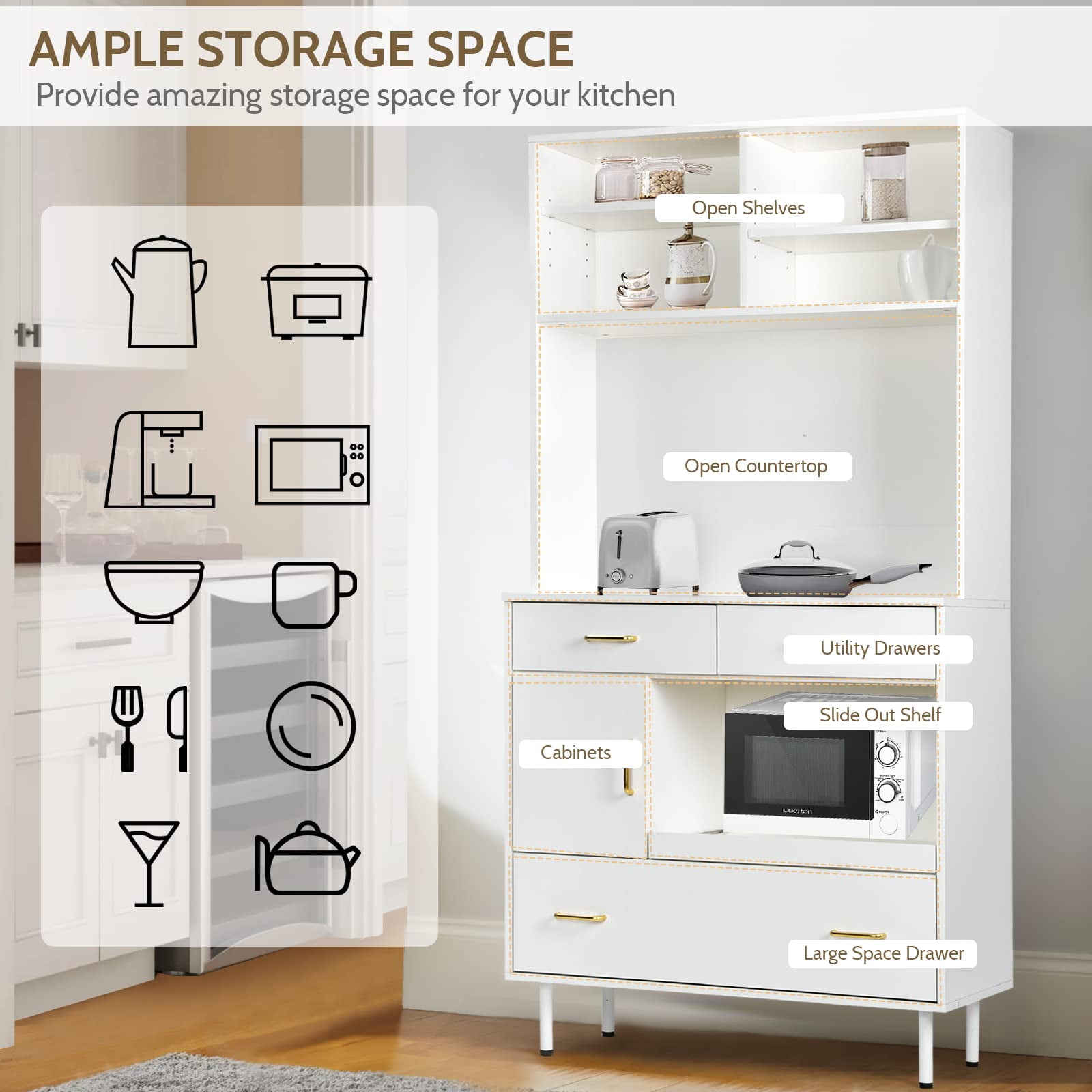 SMOOL Kitchen Pantry Storage Cabinet, 71'' Freestanding Kitchen Storage Cabinets with 3 Drawers, White - 2