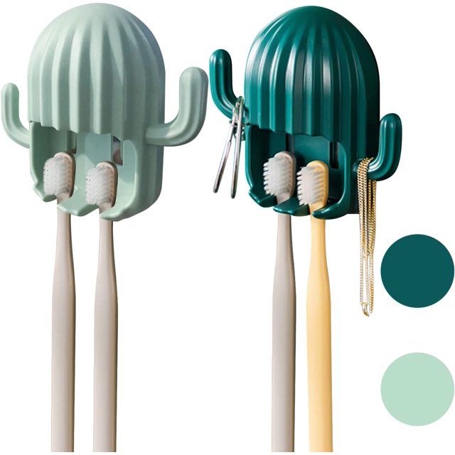 Soporte para cepillos de dientes, soporte para cepillos de dientes de cactus montado en la pared, soporte para almacenamiento de maquinillas de afeitar con ventosa y gancho para dormitorio, baño y ducha (paquete de 2) ER
