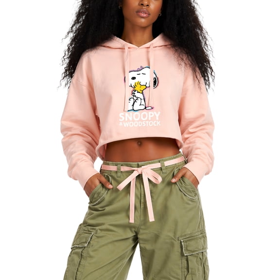 Peanuts - Snoopy and Woodstock Hugging Women's Cropped Graphic Hoodie