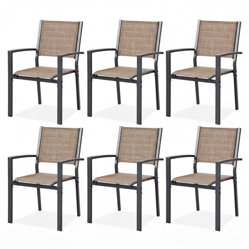 Vineego 6 Pack Stackable Patio Dining Chairs, Brown Breathable Textilene Outdoor Chairs with Armrest, Weather Resistant for Yard