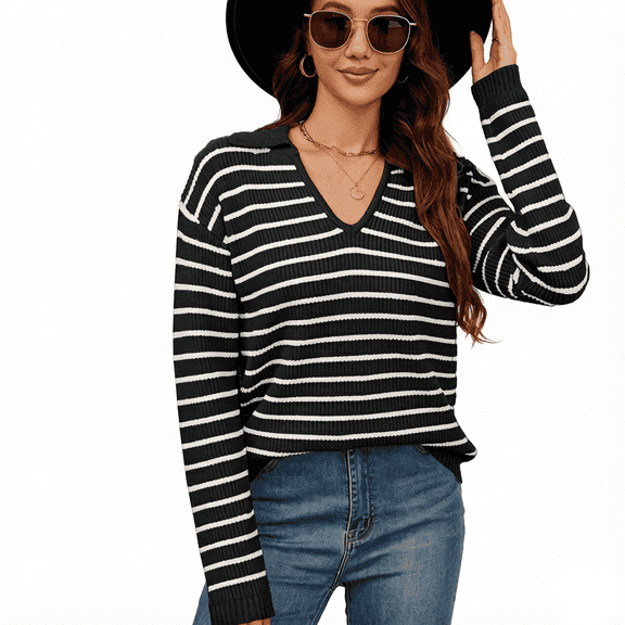 WQD Sweaters for Women Striped V Neck Collared Lightweight Knit Pullover Long Sleeve Casual Sweater for Spring Fall Winter