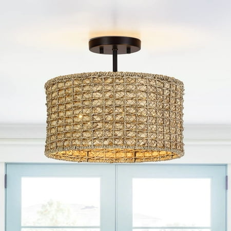 

LAMPRESSION Rattan Semi Flush Mount Ceiling Light 2-Light 13.6 Semi Flush Mount Light Fixture with Hand Woven Drum Shade Wicker Ceiling Light for Hallway Bedroom Kitchen Entryway