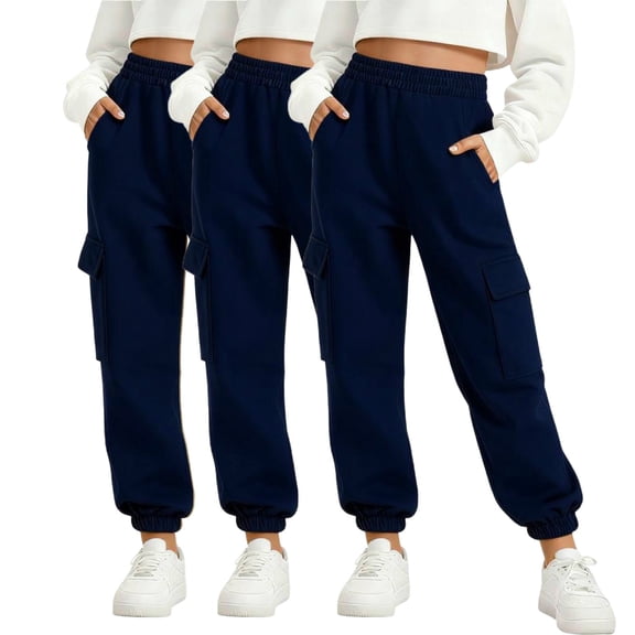Atogsazn Kids Girls 3PC Sweatpant Children Casual Jogger Elastic Waist Sweatpants Athletic Trouser with Pocket 01-Navy 9-10Years Fashion