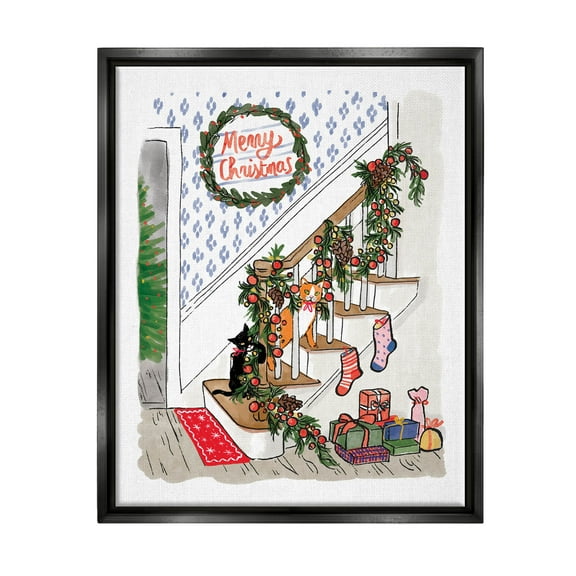 Merry Christmas Holiday Stairway Holiday Graphic Art Jet Black Framed Art Print Wall Art