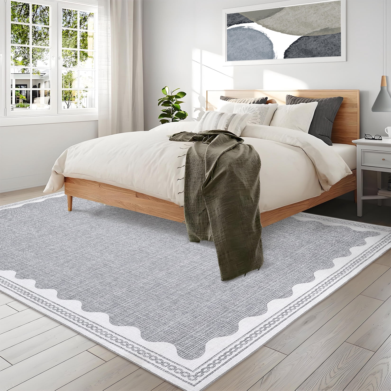 GlowSol 8'x10' Area Rug Washable Modern Scalloped Bordered Pattern Rugs for Living Room Bedroom Soft Non-Slip Low Pile Rug, Gray