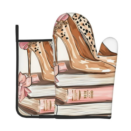 

Zeuib Stylish High Heels On Books Print Oven Mitt & Pot Holder Set 2-Pack Kitchen Gloves and Hot Pads for Cooking BBQ Grilling Baking