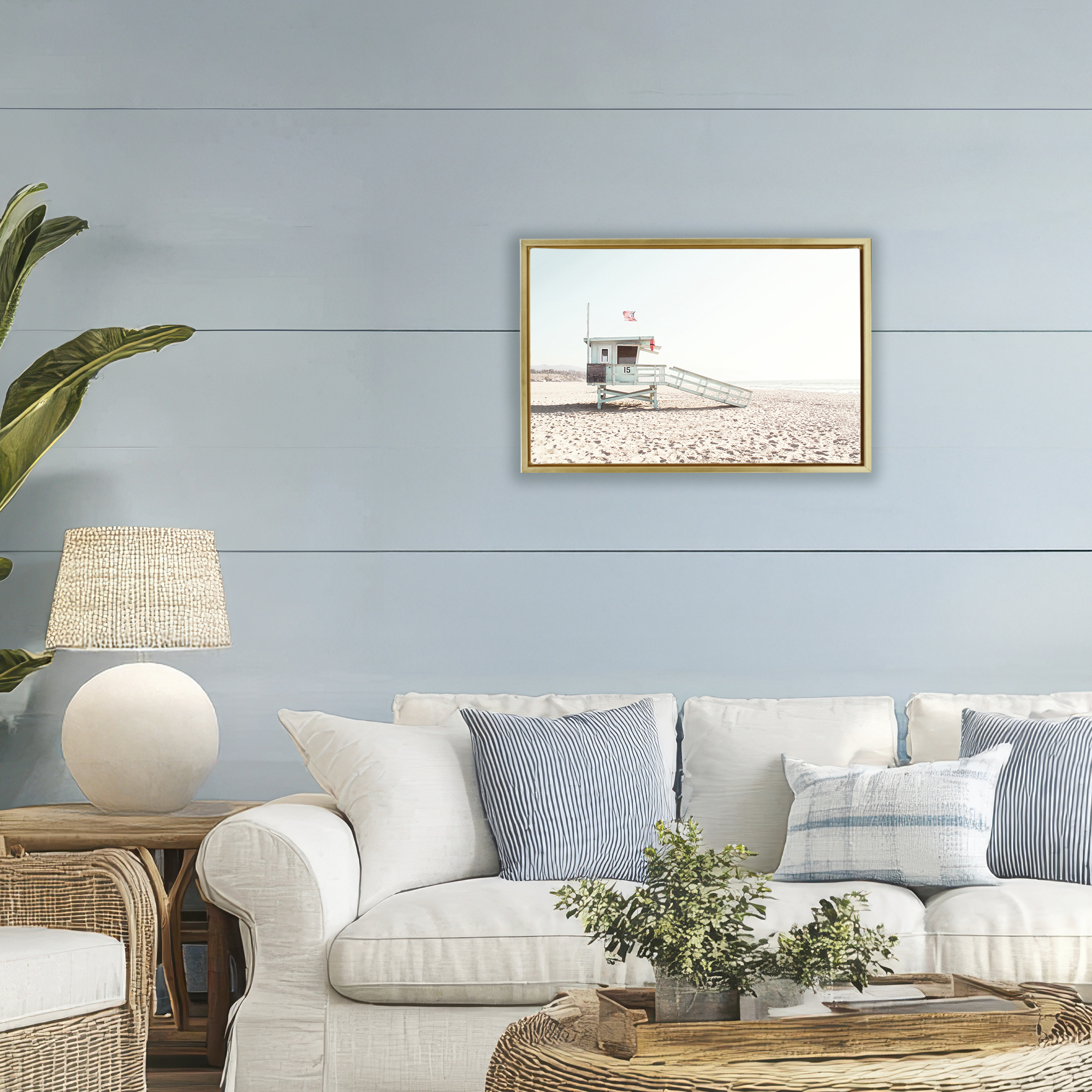 Lifeguard Hut Sunny Day Gold Framed Floater Canvas Wall Art, design by Sisi and Seb
