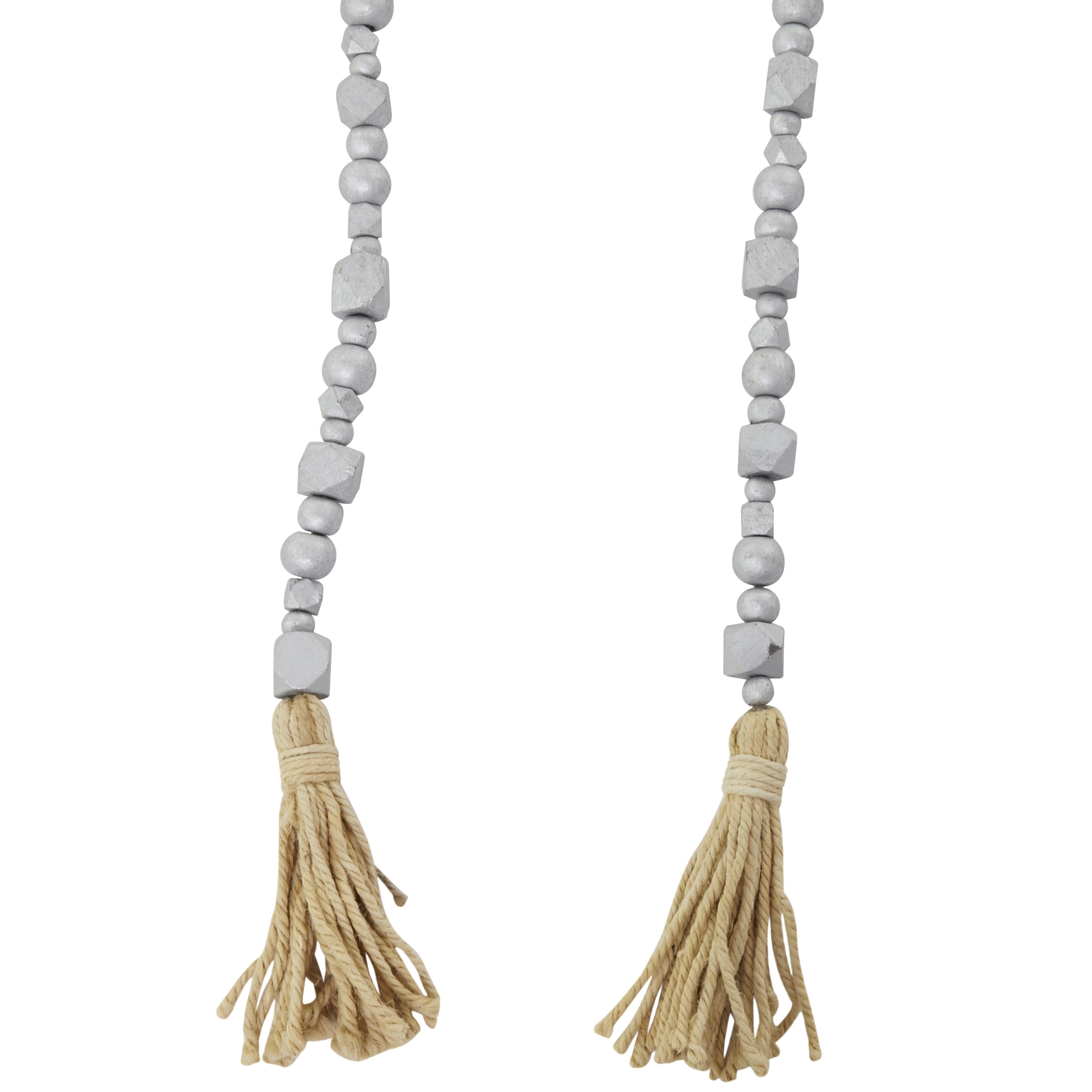 DecMode Handmade Hexagon Metallic Carved Geometric Long Beaded Silver Mango Wood Garland with Tassel