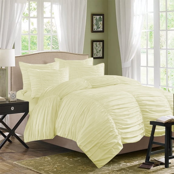 BedDecor Modern Heirloom Emily Texture 5PCs Gathered Solid (Ivory, Twin/Twin XL) 100% Egyptian Cotton Base Duvet Set