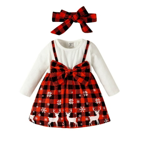 

BAYAIXZ Girls Shirts Toddler Baby Girl Christmas Snowflake Outfit Long Sleeve Princess Dress Headband 2Pcs Set 3T Girl Clothes Girls Hoodie Dress Outfit Baby Girl (Red 9M)