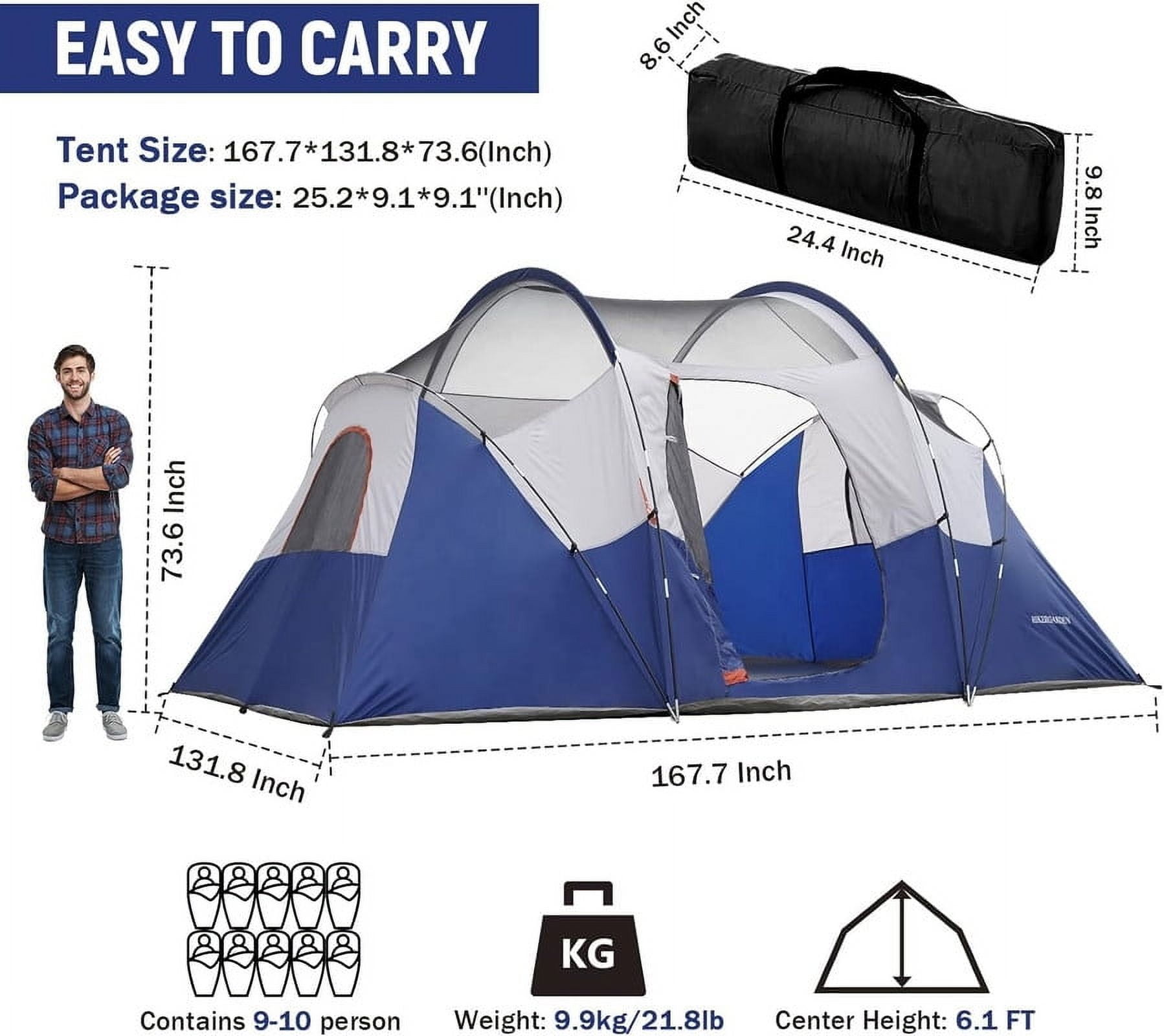 10 Person Camping Tent - Portable Easy Set Up Family Tent for Camp, Windproof Fabric Dome Tent Outdoor for Hiking, Backpacking, Traveling-14'x11'x74in(H)