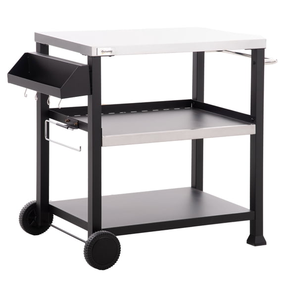 Outdoor Grill Cart with Stainless Steel Tabletop, 3-Tier Mobile Prep Station with Wheels, Pizza Oven Stand, Utensil Hooks and Storage Shelves for Backyard BBQ