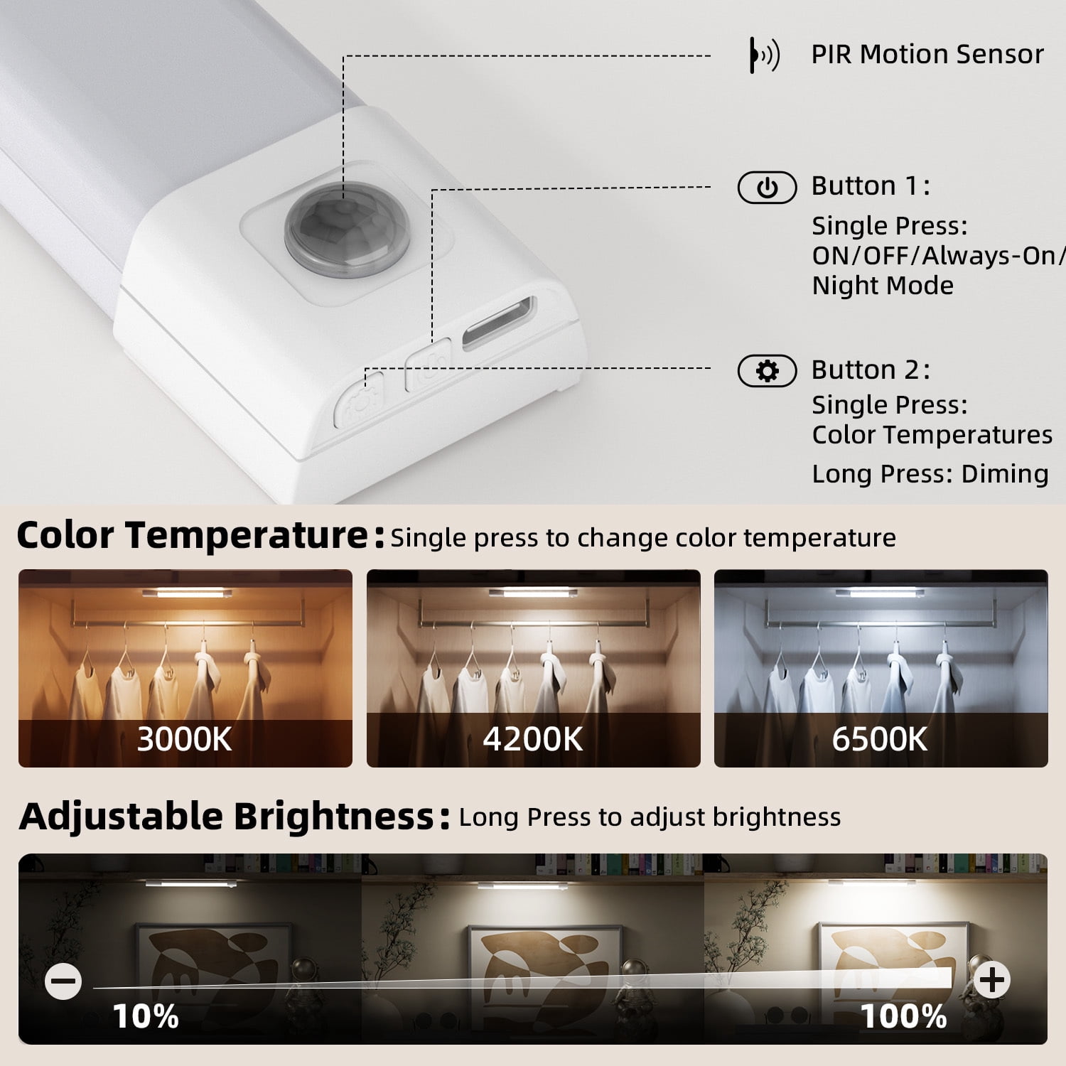 EZVALO 6-Pack 11.8'' Under Cabinet Lighting, 50 LED Motion Sensor Closet Lights, USB Rechargeable Wireless Cabinet Lighting, 3 Color Temps Magnetic Light for Kitchen, Pantry