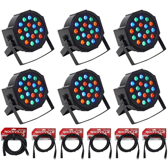 (6) Rockville RockPAR50 LED RGB Compact Par Can DJ/Club DMX Wash Lights Cables