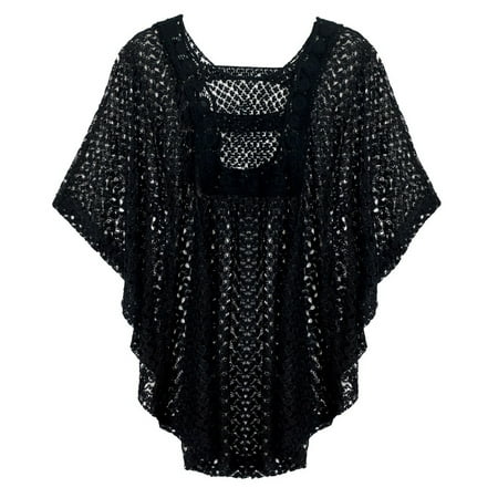 eVogues Apparel - eVogues Plus Size Sheer Crochet Poncho Top Black ...